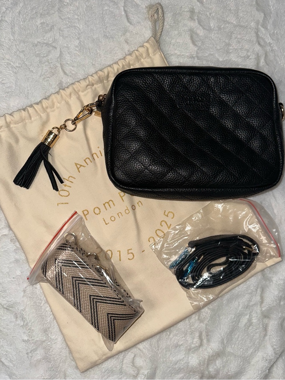 Pom Pom London Black Quilted Leather Crossbody Bag with Tassel -